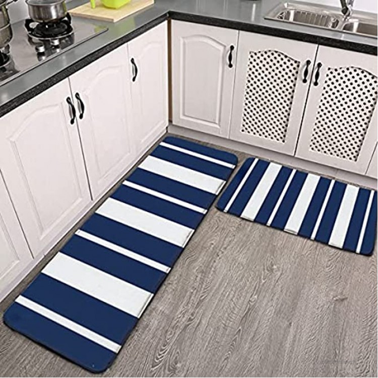 Lot de 2 tapis de cuisine lavables antidérapants pour intérieur ou extérieur bleu marine et blanc