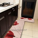 Lot de 2 tapis de cuisine lavables antidérapants pour intérieur ou extérieur fond rouge à fleurs rouges