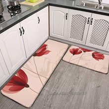 Lot de 2 tapis de cuisine lavables antidérapants pour intérieur ou extérieur fond rouge à fleurs rouges