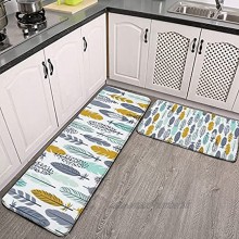 Lot de 2 tapis de cuisine lavables antidérapants pour intérieur ou extérieur plumes moutarde gris menthe