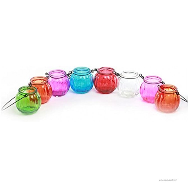 Jeu de 8 lanternes en verre à suspendre photophores en verre de couleurs différentes avec poignées