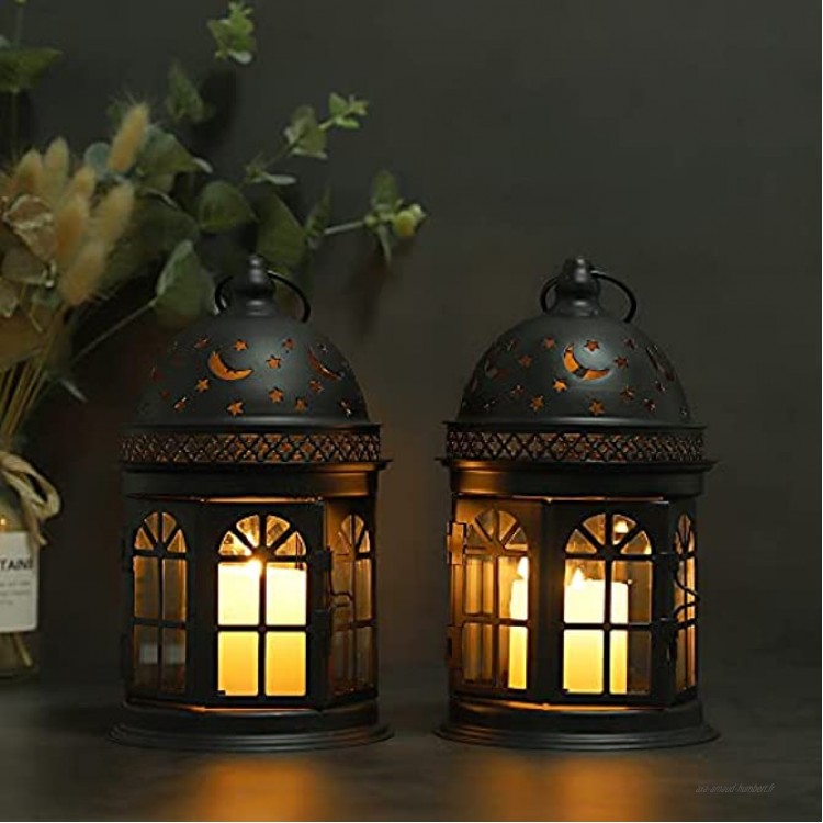 JHY DESIGN Set de 2 lanternes décoratives 21cm Haute Lanterne Suspendue de Style Vintage bougeoir en métal pour Les parités et Les Mariages en Plein air Noir