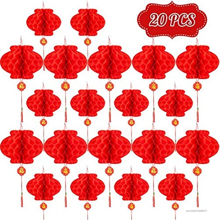 Whaline Lanternes chinoises rouges de 30,5 et 25,4 cm Lanternes rouges en papier à suspendre pour le nouvel an chinois festival de printemps lanternes festivalières 20 pièces