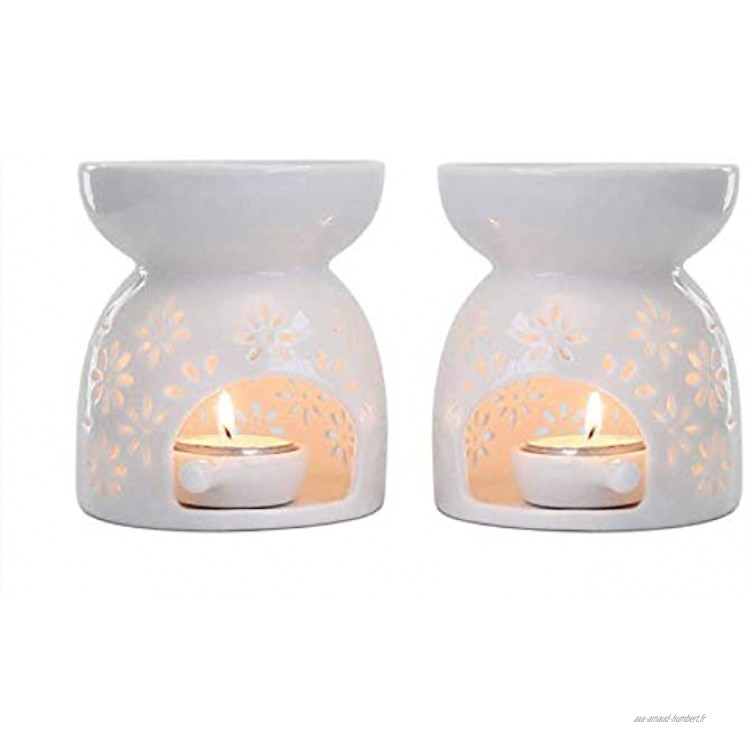 Liseng Lot de 2 photophores en céramique pour bougies chauffe-plat Diffuseur de parfum Blanc romantique