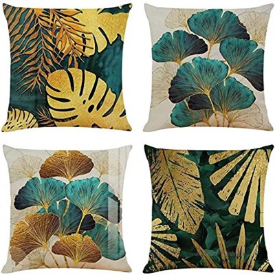 Aomier Lot de 4 housses de coussin décoratives en lin Motif feuilles tropicales Vert