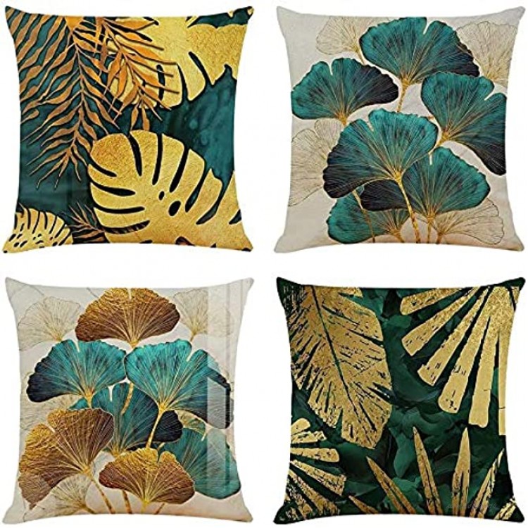 Aomier Lot de 4 housses de coussin décoratives en lin Motif feuilles tropicales Vert