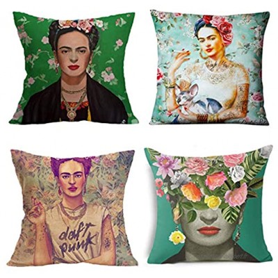 Convient pour Frida Kahlo coussin décoratif oreiller en coton Coussin en coton de style mexicain 17,7"17,7" coussins de salon de canapé et de lit [4 ensembles]